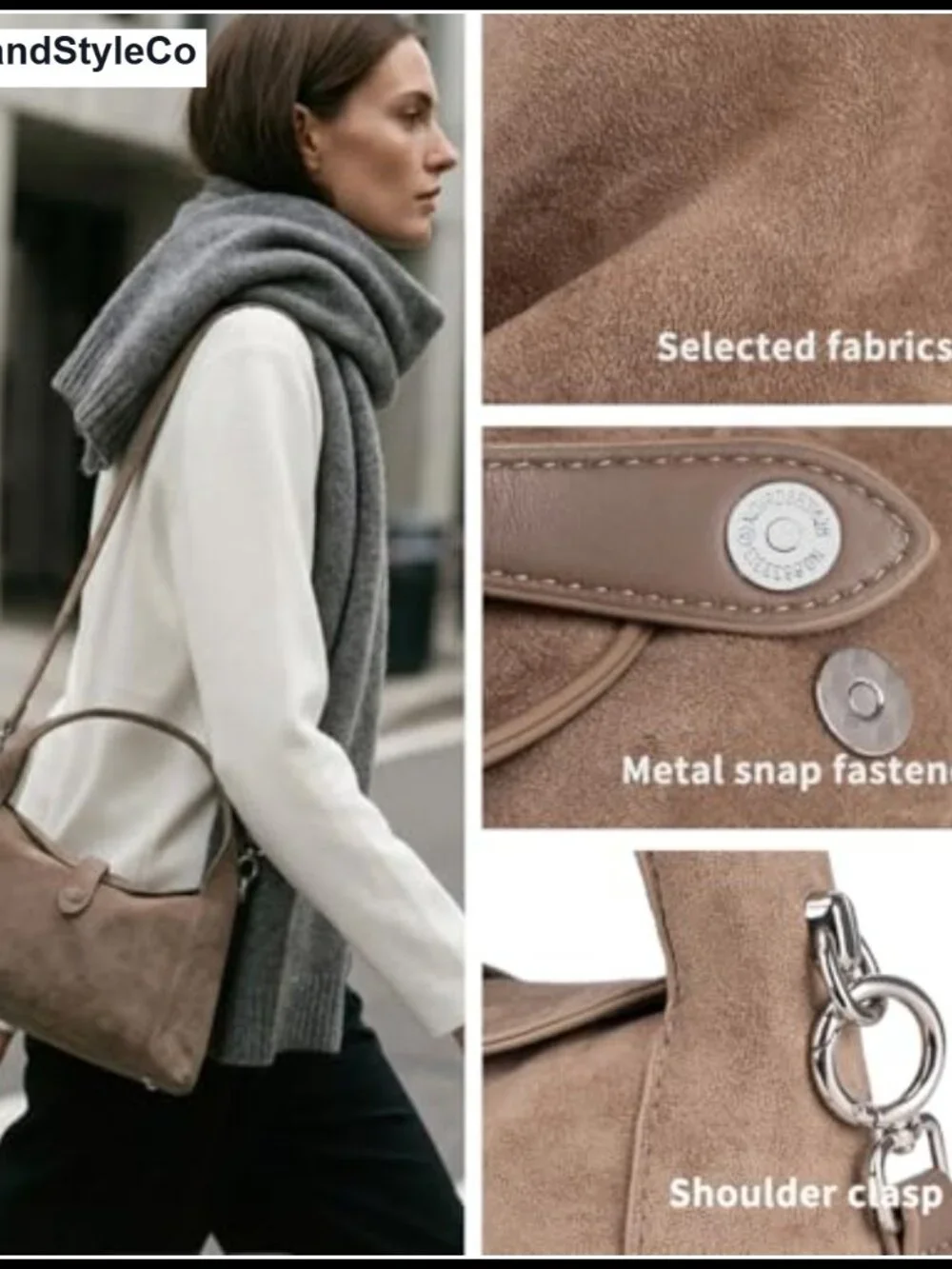 Faux Suede Half-Moon Hobo Bag Convertible Crossbody Tote with Detachable Strap